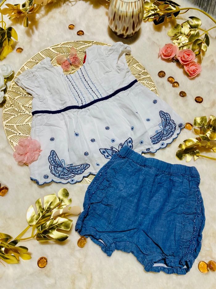 🌼 Ensemble blouse blanche + bloomer en denim Histoire de Fleur - bébé fille 12 mois TBE 🌼
