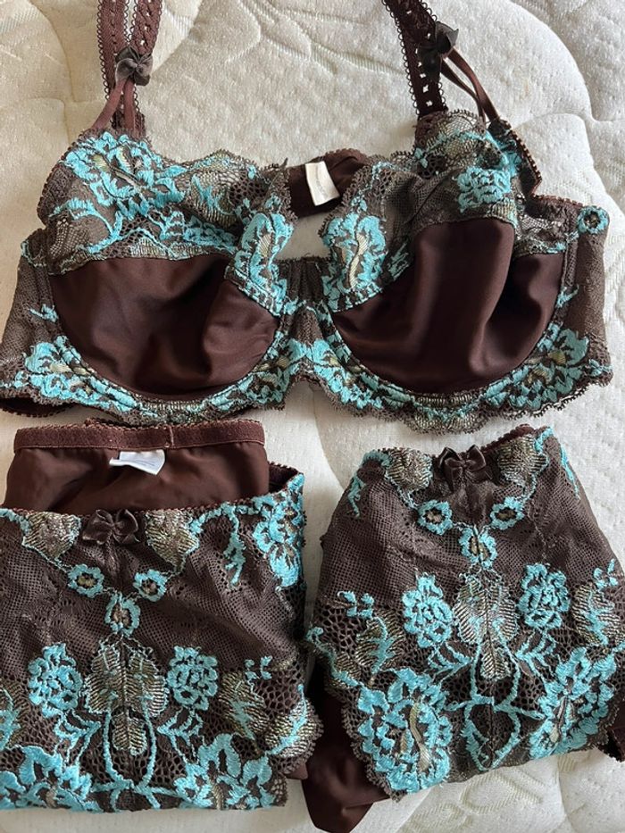 Ensemble lingerie 3 pièces chocolat turquoise 46/48 95 C - photo numéro 6