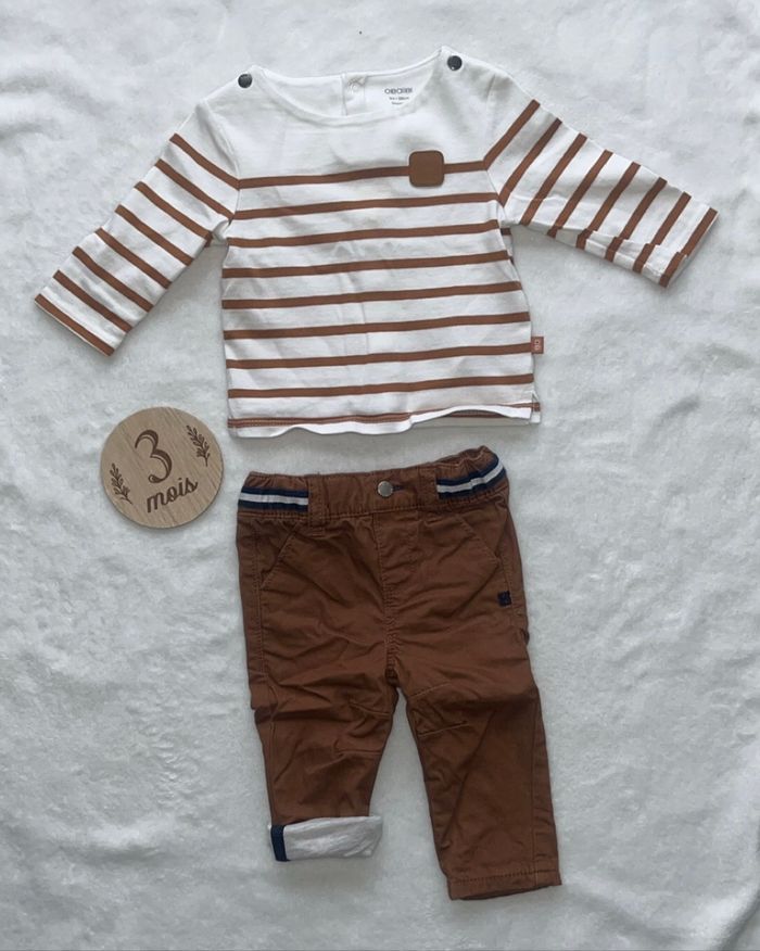 Ensemble t-shirt marinière + pantalon marron