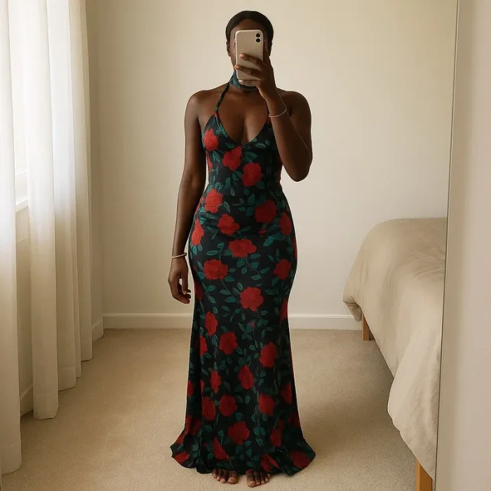 Robe longue dos nu à imprimé roses rouges – style élégant et sensuel