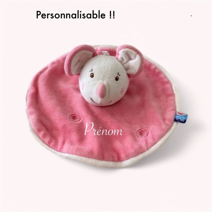 Peluche doudou plat rond 21cm sucre d’orge souris rose et blanche parfait état - photo numéro 5