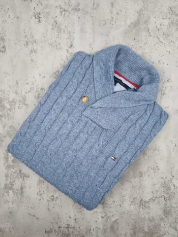 Pull torsadé col châle Tommy Hilfiger bleu clair, L Hommes (mesures en photos)