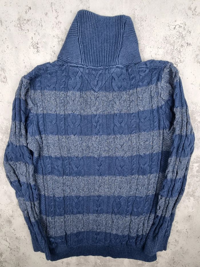 Pull col châle torsadé Tommy Hilfiger rayé bleu & gris – Taille M Homme (mesures en photos) - photo numéro 4