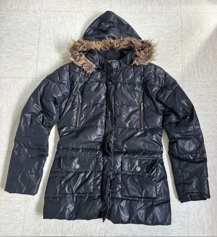 Doudoune Kaporal  noire slim longue à capuche avec fausse fourrure - L