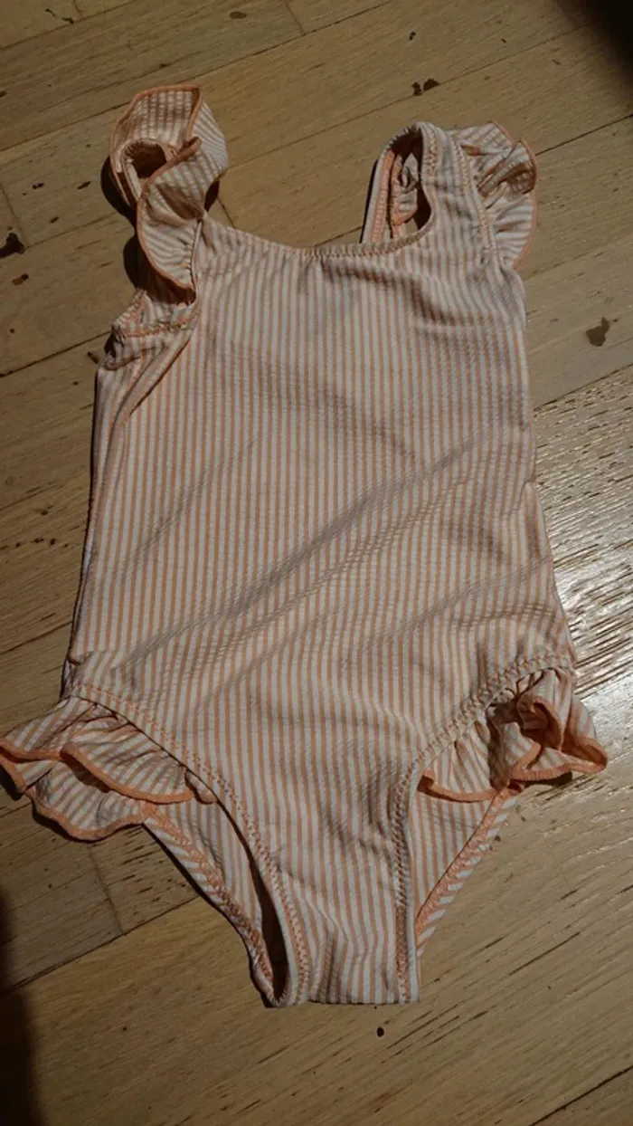 Maillot de bain 2 ans rayé pêche et blanc