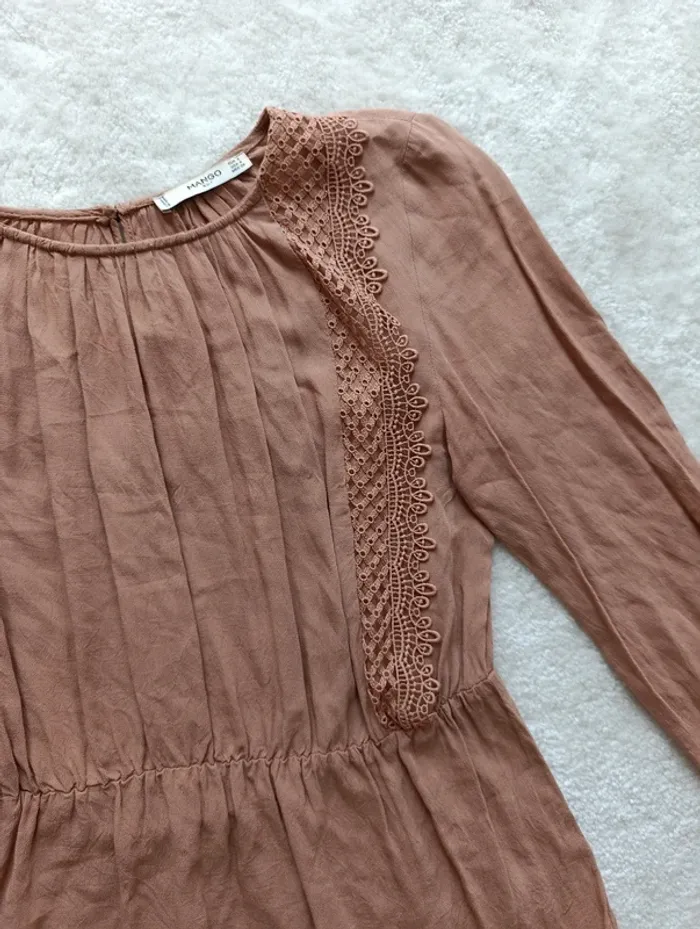 Blouse Mango suite S avec broderie, caramel, rose poudré légère fluide ample - photo numéro 7