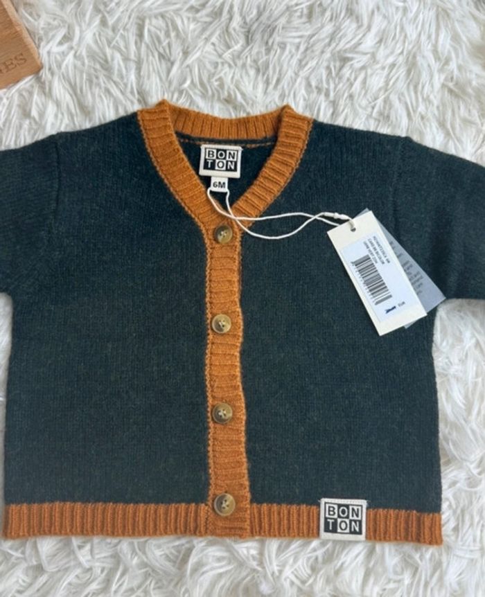 Cardigan vert anglais et marron Bonton taille 6 mois - photo numéro 3