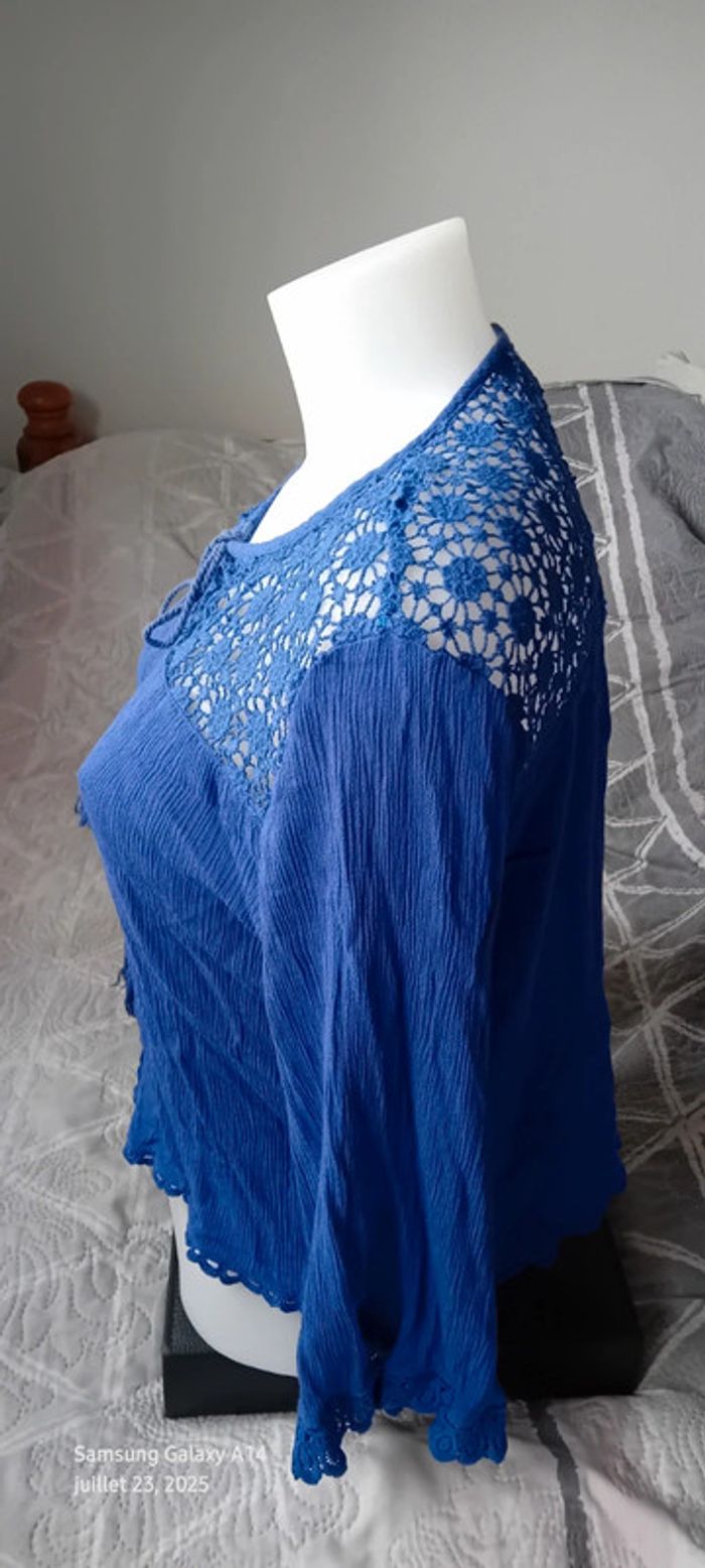 Blouse courte manches pagodes avec dentelle tissus plissé lien à pampilles bleu femme L - photo numéro 7