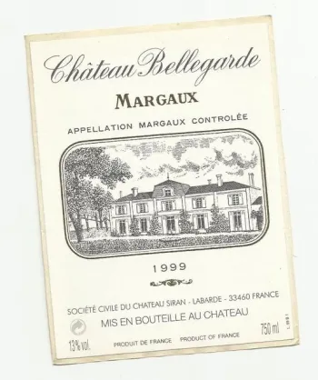 etiquette de vin chateau bellegarde margaux 1999 neuf -