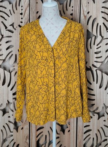 Chemisier fluide jaune moutarde - Motif floral noir - Taille 40/42 Camaïeu