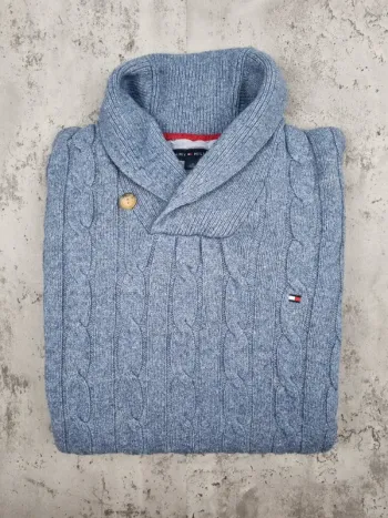 Pull torsadé col châle Tommy Hilfiger – Bleu clair – Taille L Hommes (mesures en photos)