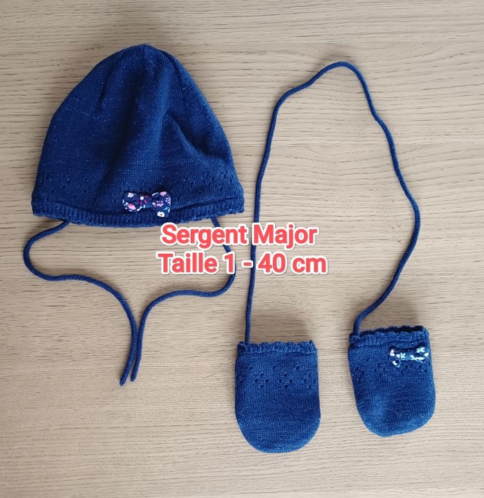 Ensemble bonnet + moufles Sergent Major doublé polaire taille 1 40 cm bleu marine pailleté fille
