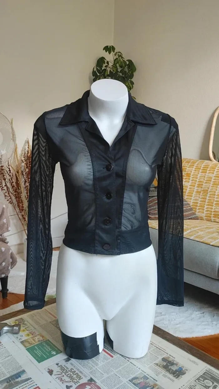 Chemise blouse courte en mesh vintage noir manche longue - photo numéro 2