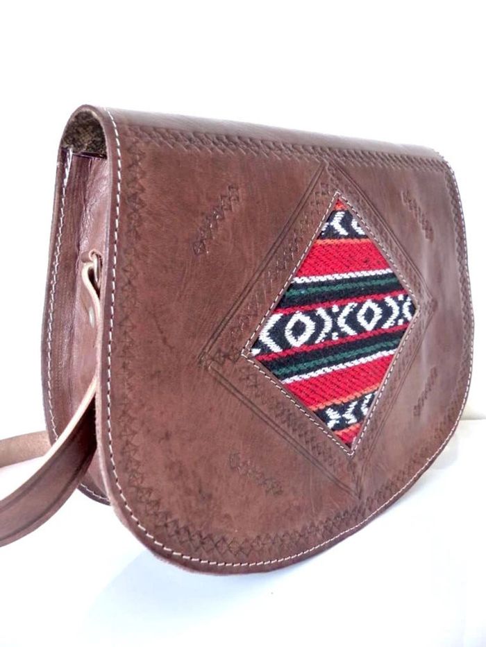 Sac bandoulière NEUF marron cuir pleine fleur tannage naturel & laine Kilim Besace Ethnique - photo numéro 2