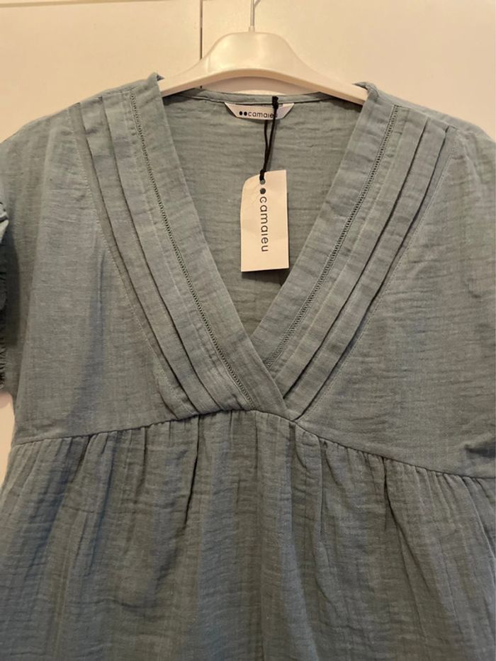 Blouse bleue grise neuve taille S camaïeu - photo numéro 2