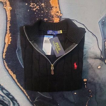 Half zip Ralph Lauren noir 1/4 col camionneur torsadé logo brodé rouge taille L