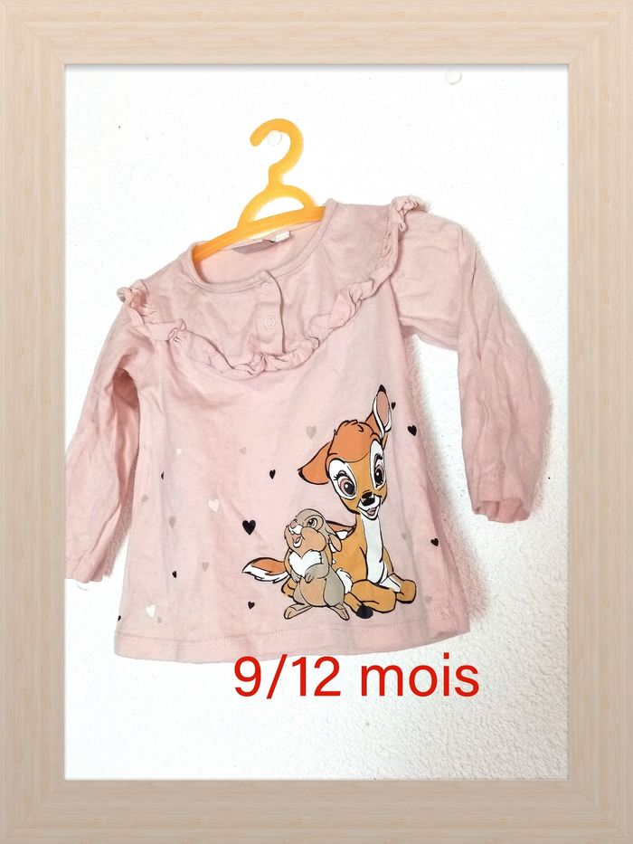 9/12 mois Disney Tee-shirt rose pale imprimé "petite biche et lapin" toutes saisons /Excellent état - photo numéro 3