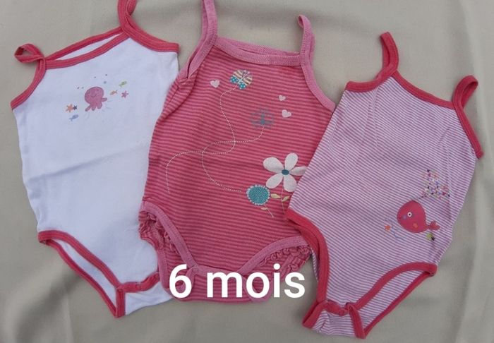 Lot de 3 bodies bretelles roses et blancs fille - Kitchoun - 6 mois