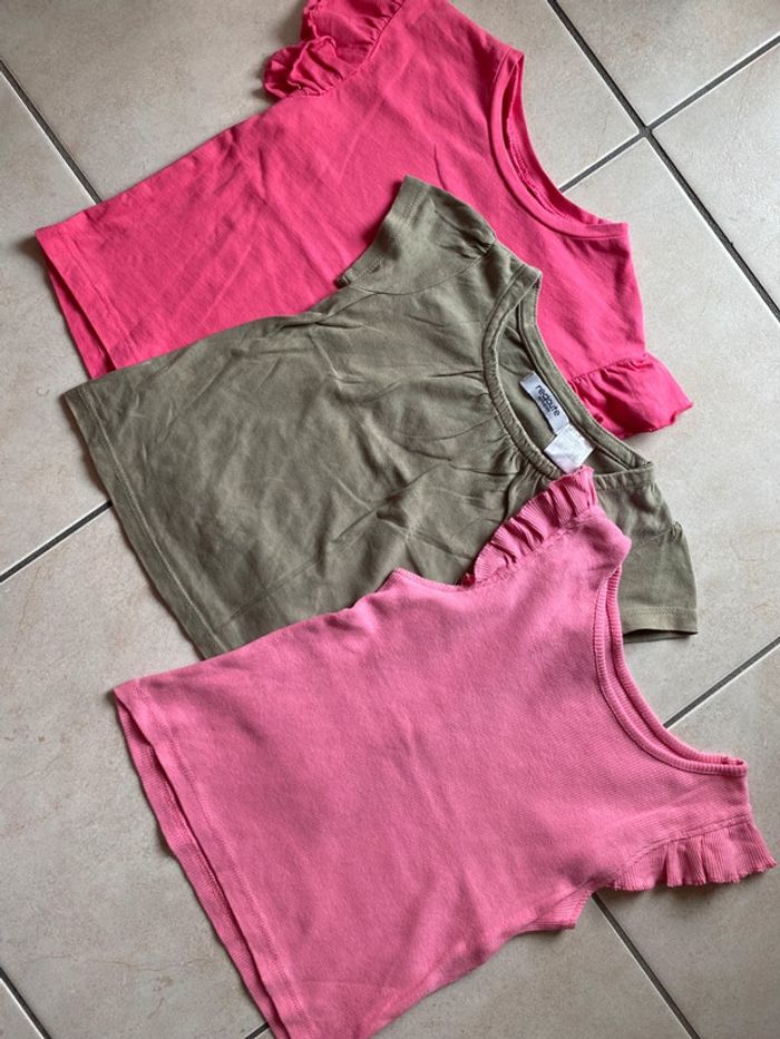Lot de 3 t-shirt fille Zara 86 / 92 cm rose kaki - photo numéro 3
