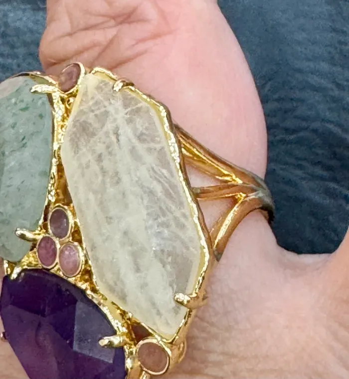 Grosse bague habaha Paris  jade vert améthyste quartz acier inoxydable or réglable - photo numéro 5