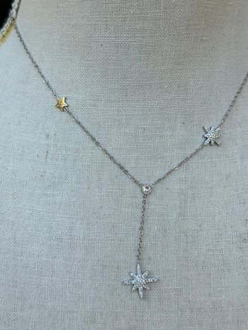 Collier V réglable acier inoxydable argent croix étoile cristaux