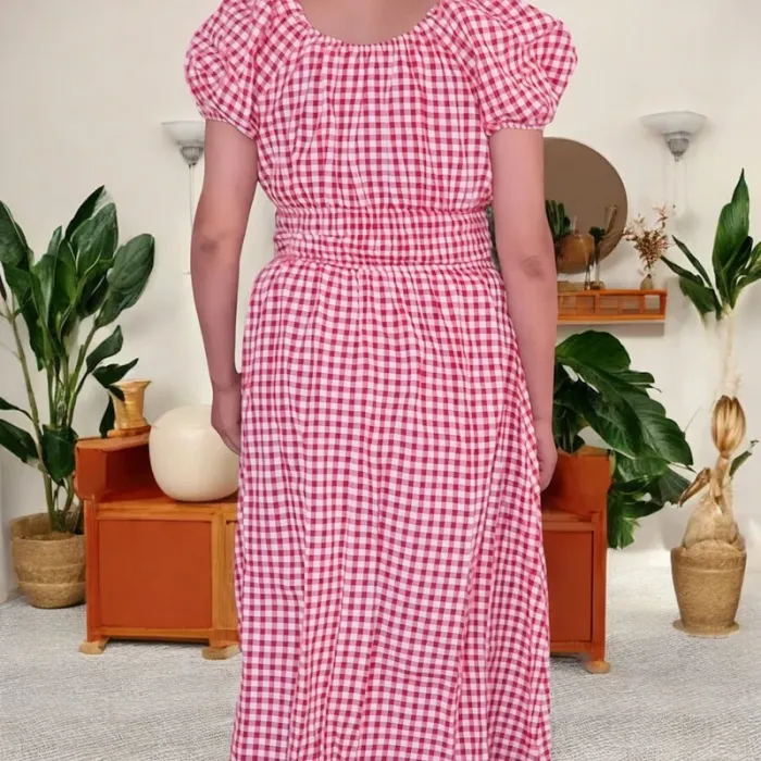 Robe vichy rouge rétro 💋 style cottagecore | Manches bouffantes + taille smockée - photo numéro 3