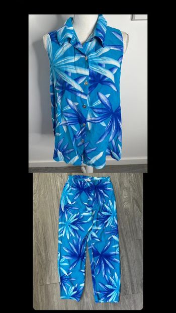 Ensemble tropical bleu chemisier + pantalon Caraco Paris Vintage T38 M