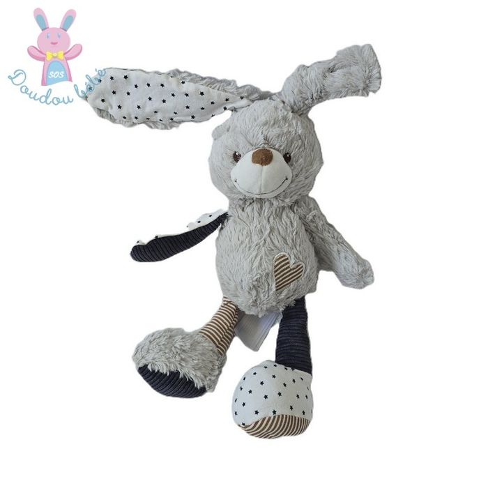 Doudou Lapin gris bleu rayé étoiles cœur TAPE A L'OEIL TAO
