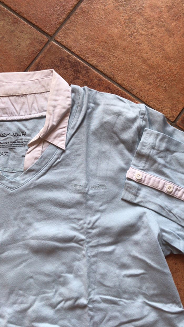 Teddy Smith t shirt col chemise bleu très clair - photo numéro 4