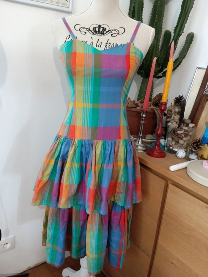 Robe vintage Multicolore coton carreaux madras - photo numéro 2