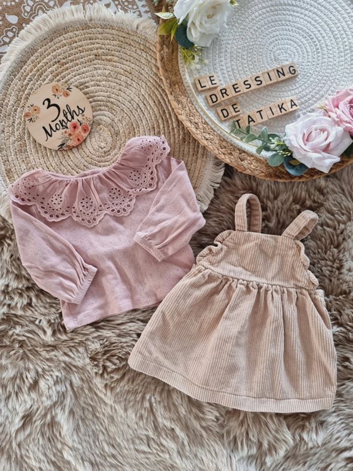 Ensemble robe bretelles velours tee-shirt col claudine dentelle 3mois