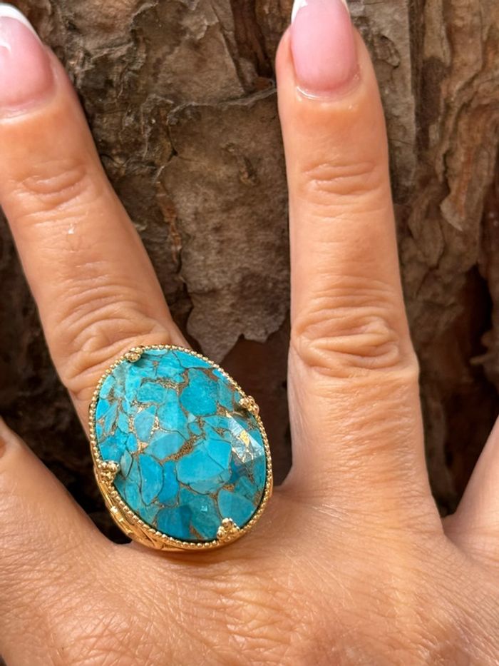 Grosse bague habaha Paris acier inoxydable or travaillées réglable grosse pierre turquoise - photo numéro 2
