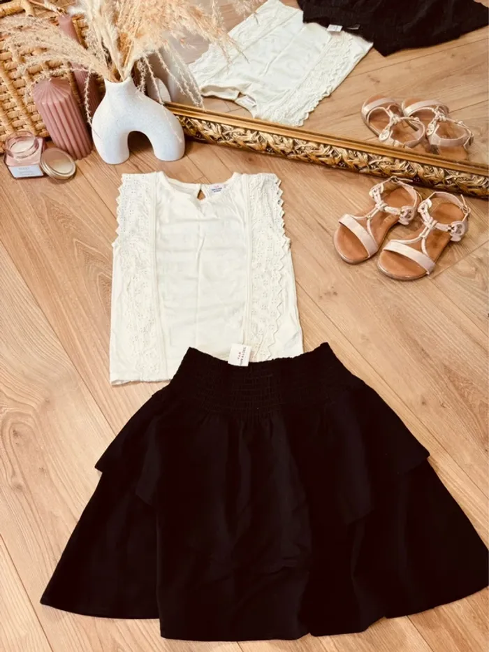 Taille 8 ans tenue 2 pièces été fille TAO écru noir Neuf * broderie * 🌺