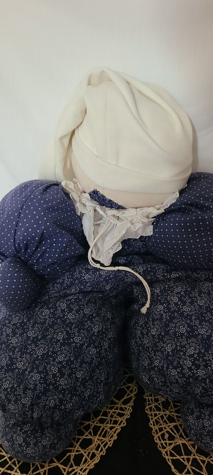 Doudou poupée lutin bleu marine fleurs bonnet blanc MOULIN ROTY grand format - photo numéro 7