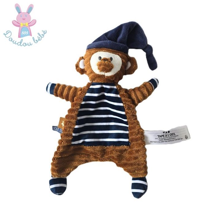 Doudou plat Singe marron bleu marine rayé TAPE A L'OEIL TAO