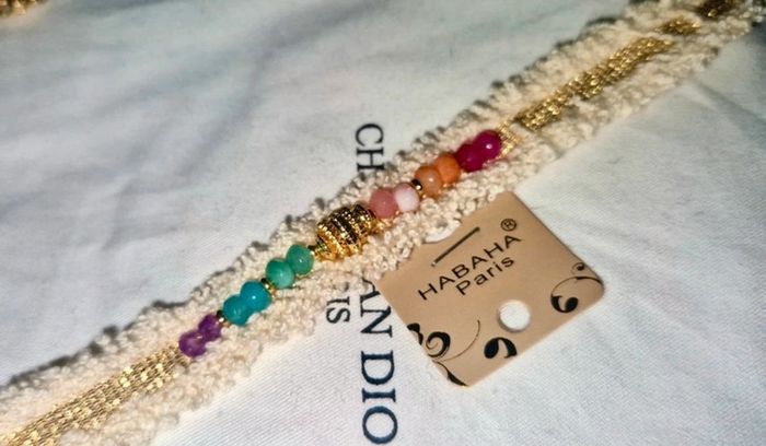 Bracelet manchette habaha Paris lin fils tissés grigri acier inoxydable perles naturelles réglable - photo numéro 3