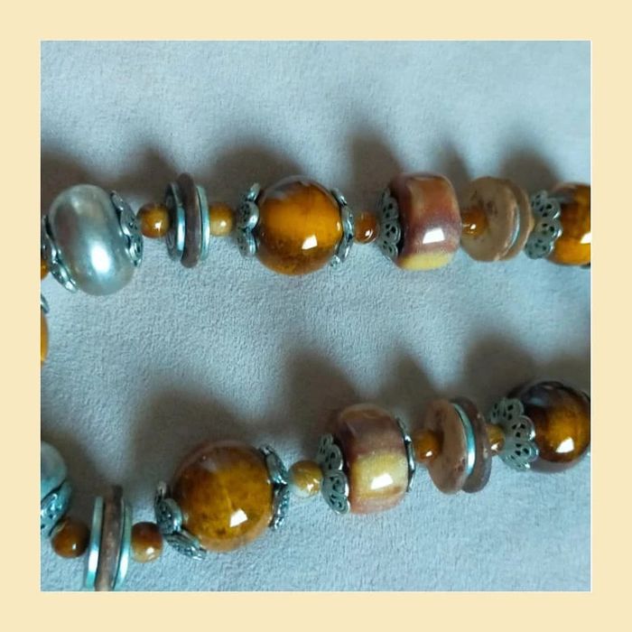 Parure vintage collier + bracelet perles bois & céramique - photo numéro 18