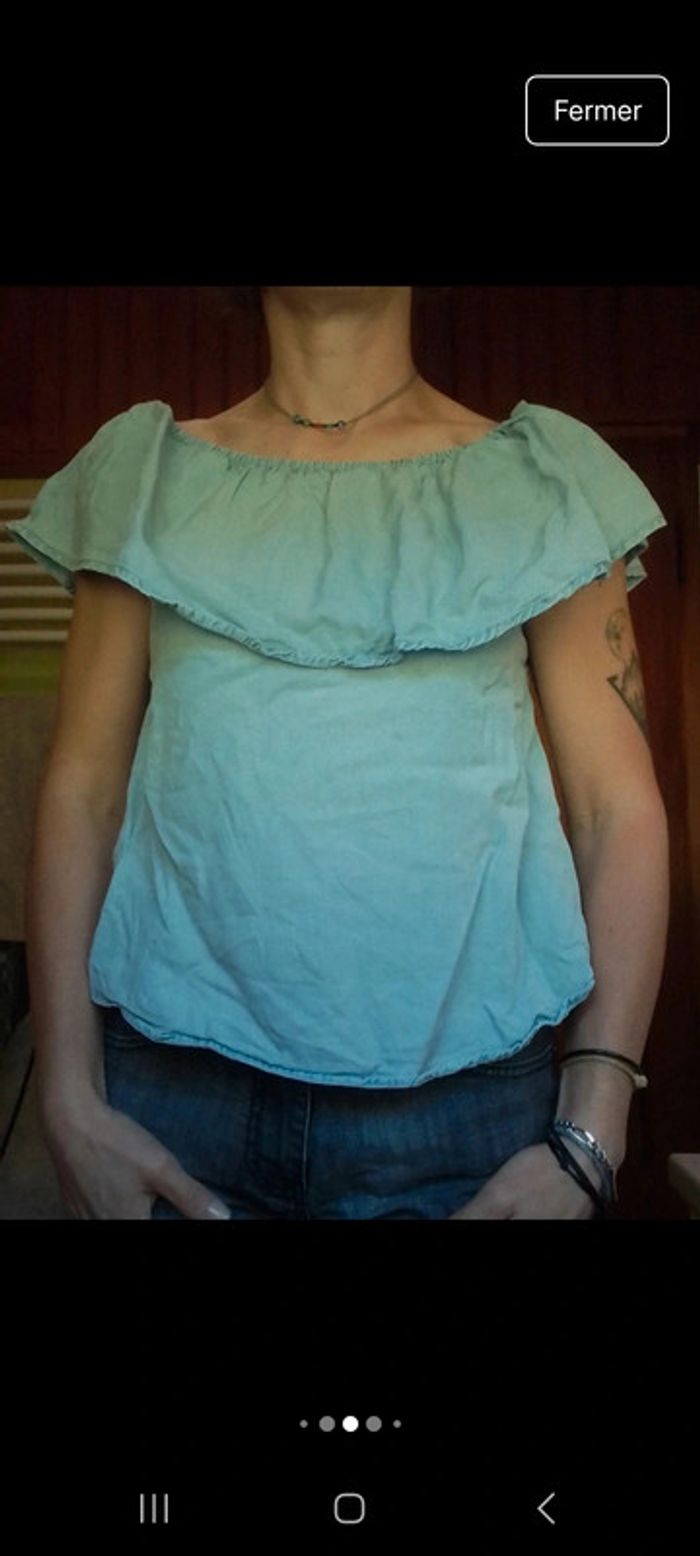 T-shirt épaules dénudées femme bleu clair aspet jeans - photo numéro 6