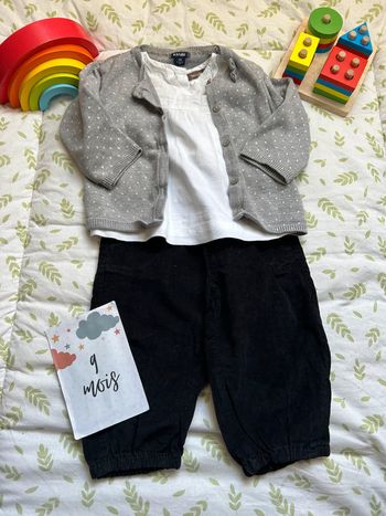 ensemble 3 pièces pantalon noir chemise blanche gilet gris 9 mois