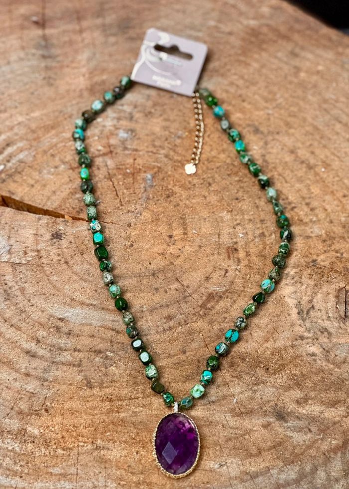 Gros collier réglable pierres malachites pendentif améthyste acier inoxydable or habaha Paris - photo numéro 4