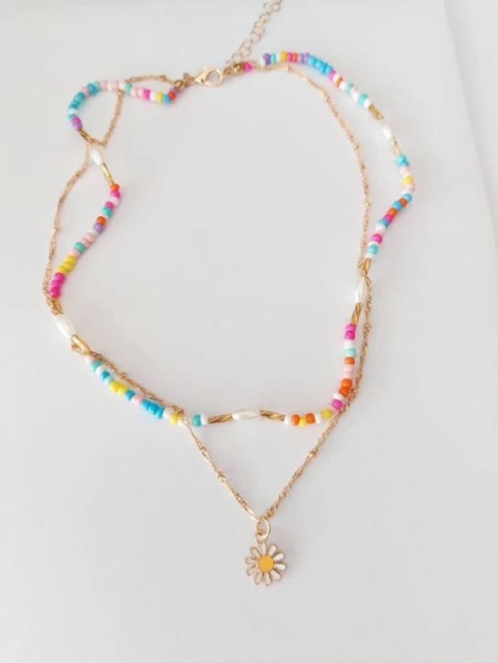 Collier multirangs, perles multicolore, pendentif fleurs, tendance été 🌼 - photo numéro 5