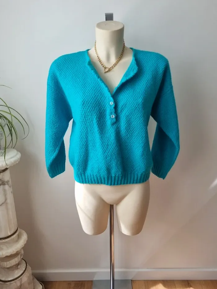 Pull turquoise tricoté vintage - photo numéro 2