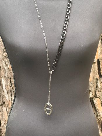 Sautoir mi chaîne  acier inoxydable argent maillon farandole cd mi résine noire