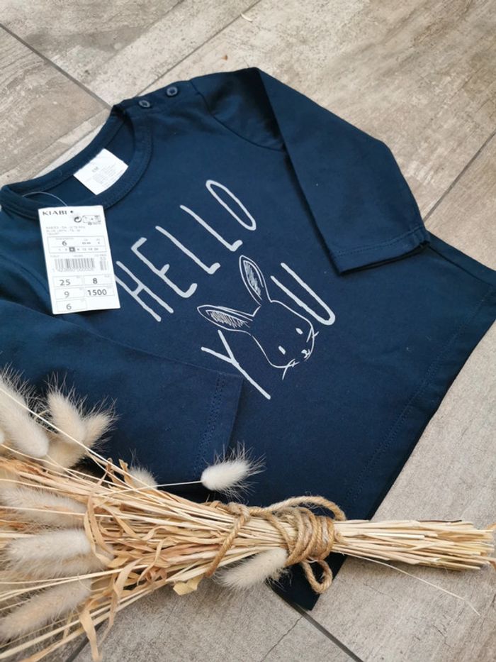 🌺Très joli Teeshirt manches longue hello you lapin bleu marine bébé mixte Neuf 6mois - photo numéro 4