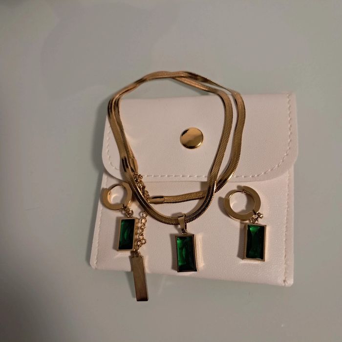 Parure pierre émeraude acier inoxydable - photo numéro 4