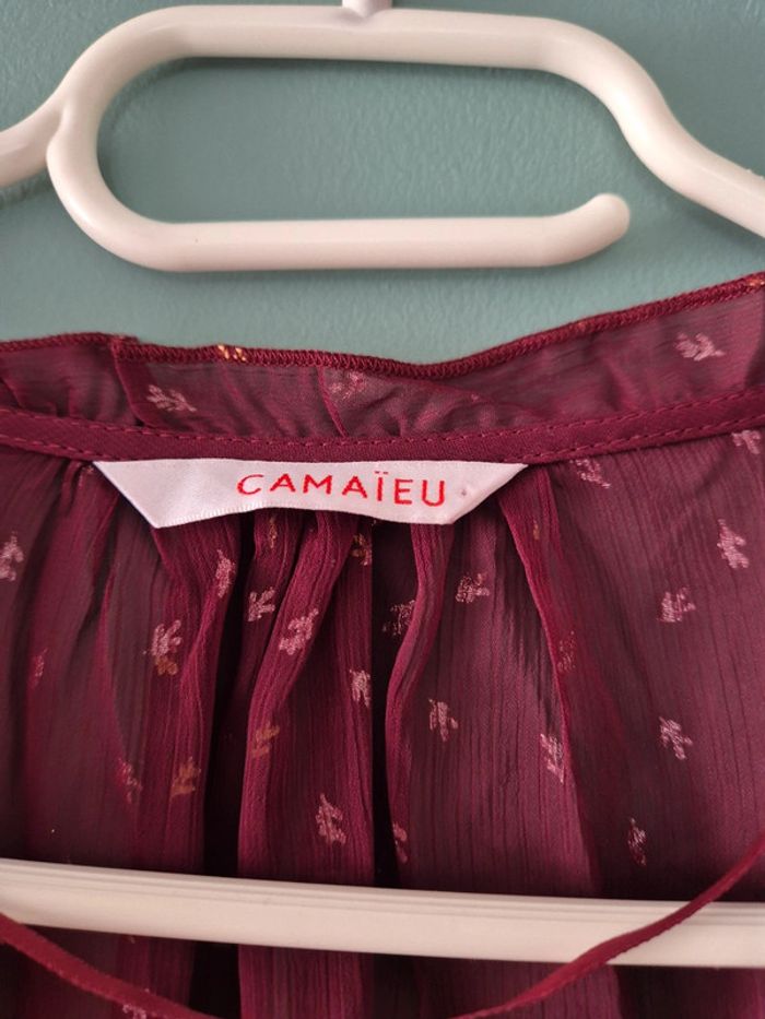 Blouse transparente bordeaux a motifs dorés, taille 38, Camaieu - photo numéro 8