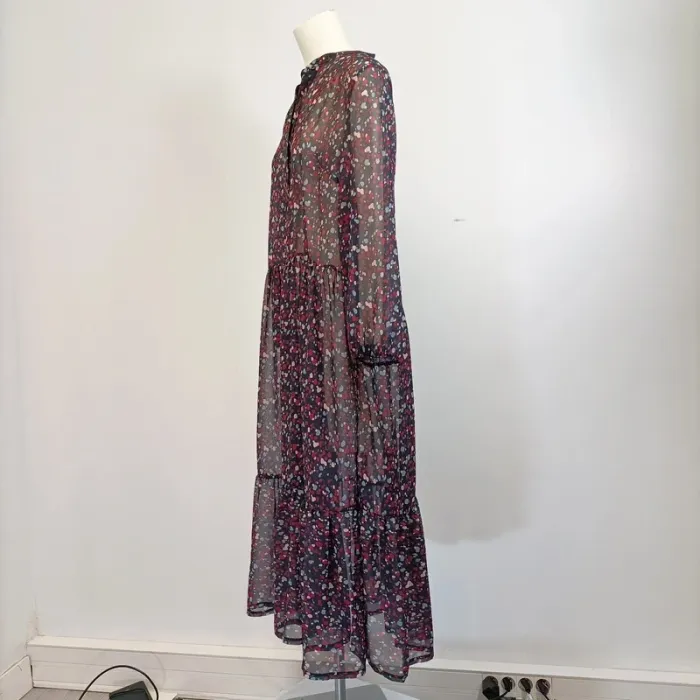 Robe longue transparente à volant, bohème, motif liberty noir rouge bleu A454 - photo numéro 3