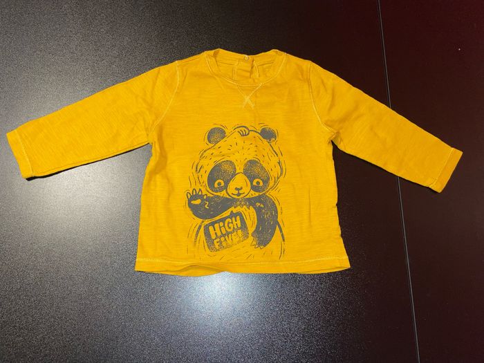 T-shirt manches longues Kiabi jaune moutarde taille 9 mois motif panda