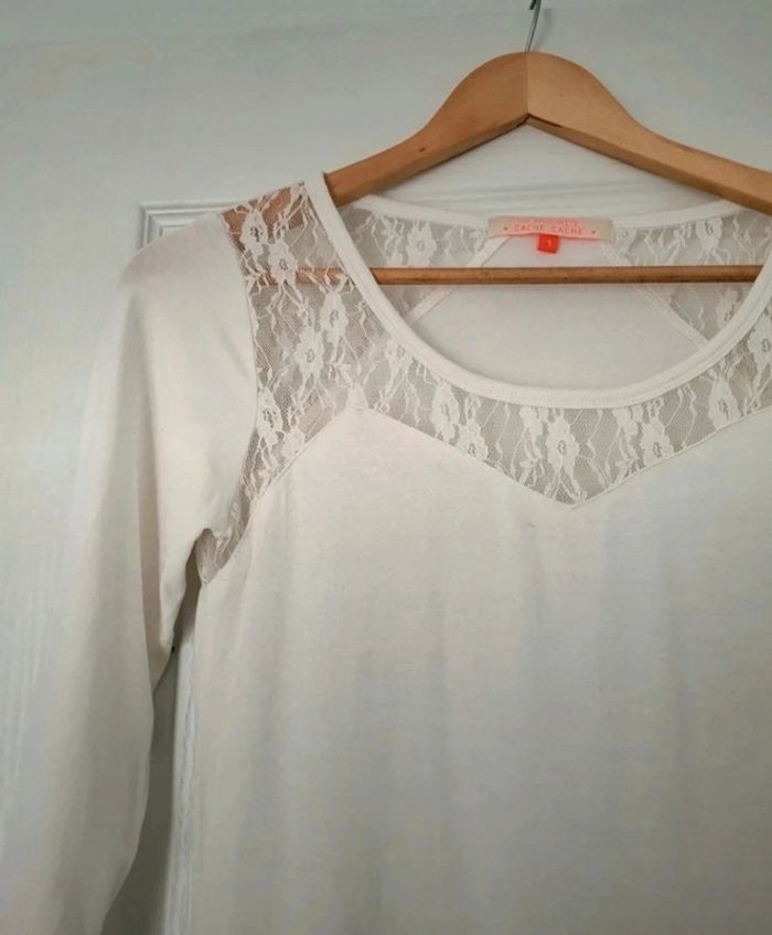 T-shirt femme manches 3/ 4 blanc avec dentelle aux épaules taille S - photo numéro 5