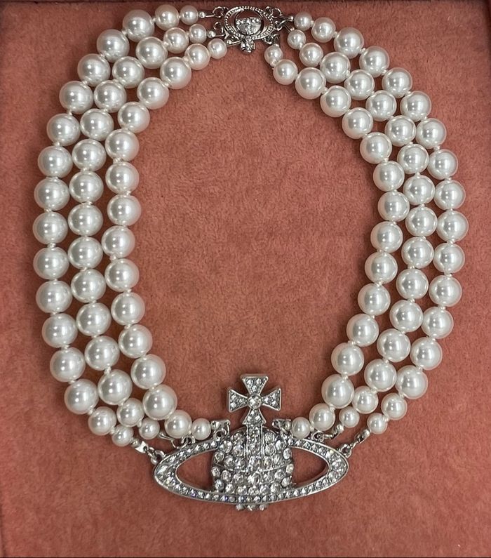Collier perles 3 rangs motif argenté strass - photo numéro 7